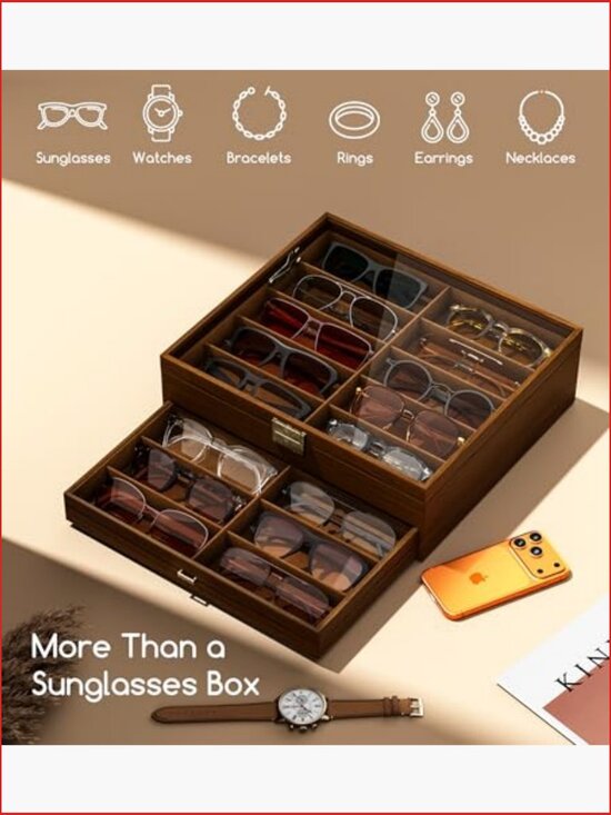 20-Slot Wooden Eyeglass Organizer Storage Case with Glass Lid main image 5